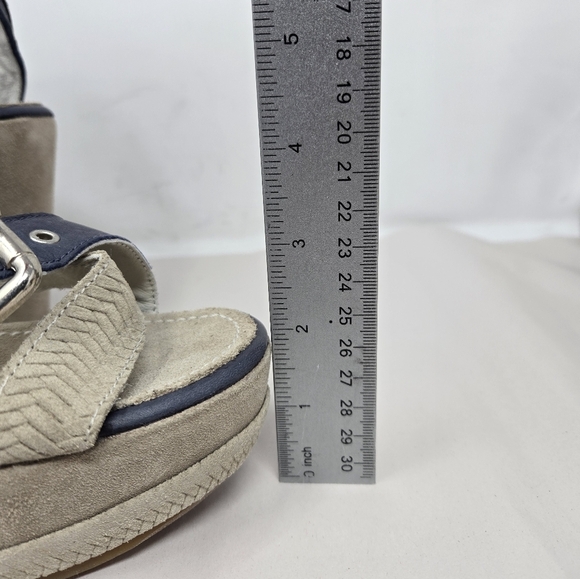 Blackstone Womens Wedge Platform Sandel Sz 38=8 Blue & Tan Leather Suede Adj. - Picture 9 of 11